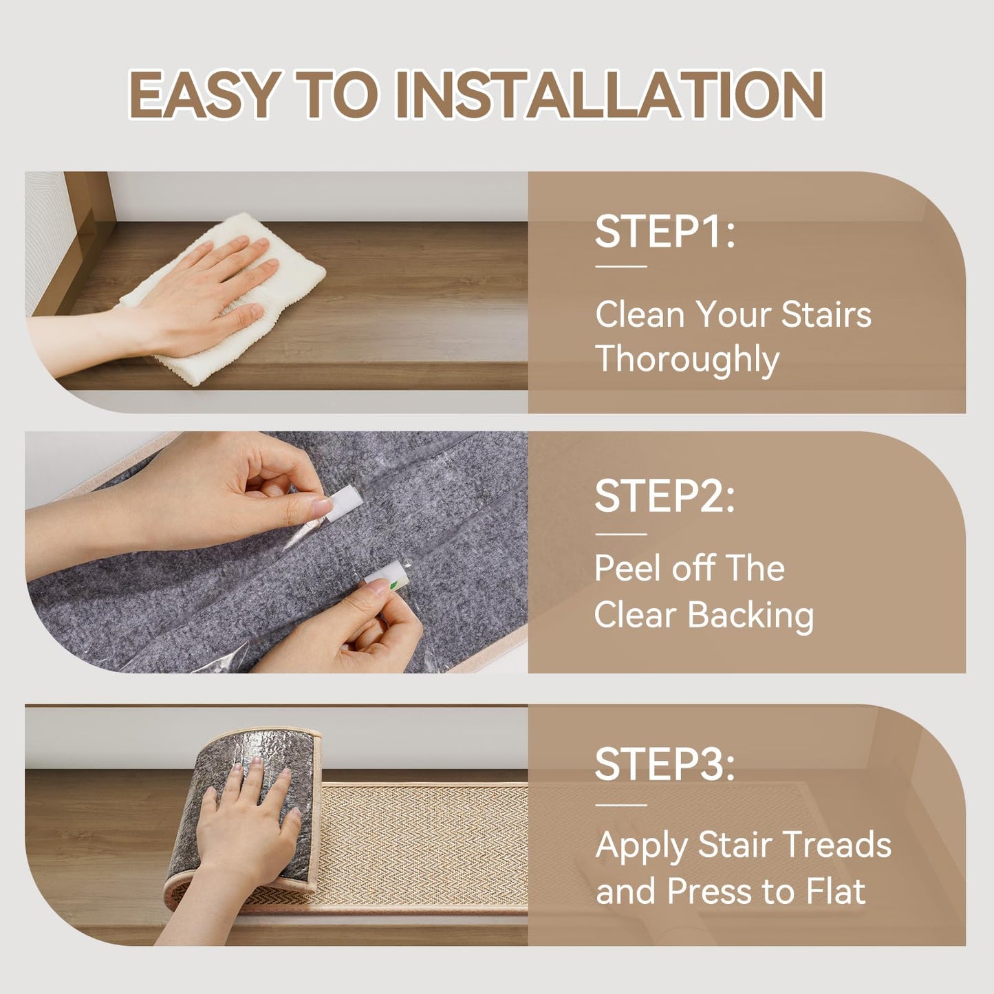 YDKGL Square Stair Treads Non Slip Indoor Wooden Steps Indoor, Peel and Stick Stair Runner Rugs, Reusable Adhesive Stair Carpet Treads Mat for Kids Elders Pets, Easy to Install, Beige 1 Pack 30" x 30"
