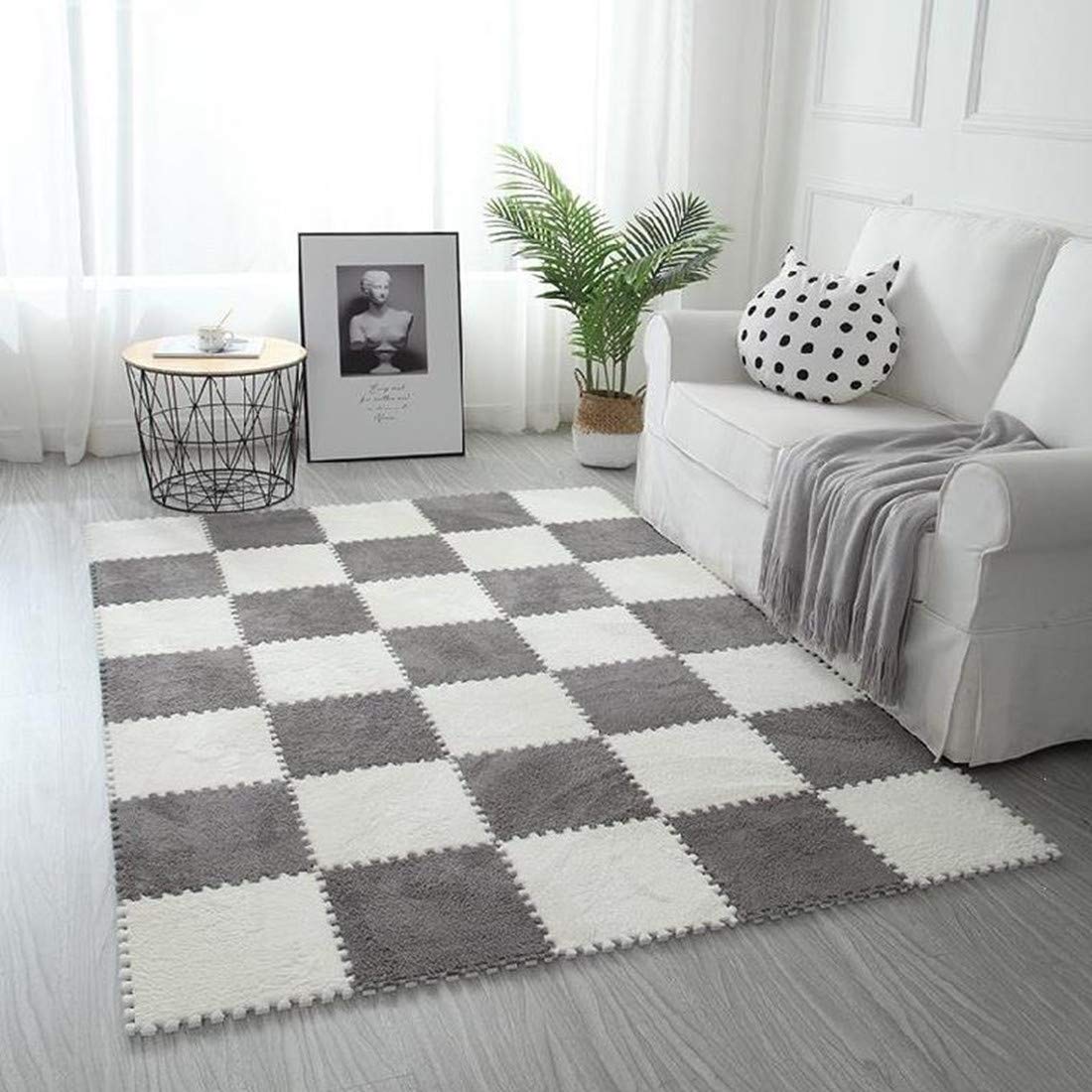 Smabee Interlocking Carpet Shaggy Soft EVA Foam Mats Fluffy Area Rugs Protective Floor Tiles Exercise Play Mat for Children Kids Room Home Parlor Bedroom (6 pcs White + 6pcs Gray)