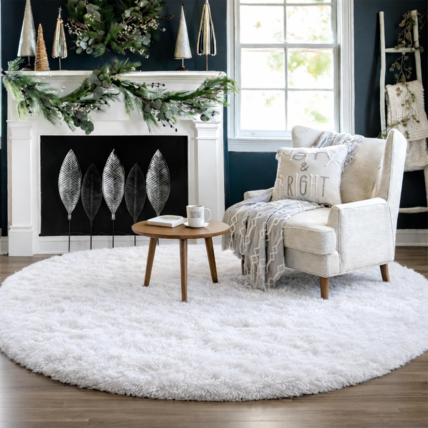 Amdrebio White Fluffy Round Rug 4Ft for Bedroom Aesthetic, Fuzzy Fur Circle Area Rugs for Living Room, Soft Plush Shaggy Shag Carpet for Nursery Dorm, Cute Kids Room Decor for Baby Toddler Teen Girls