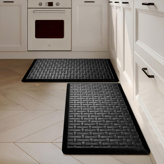 UKISS 2PCS Kitchen Rugs, Cushioned Anti Fatigue Kitchen Mats for Floor, Waterproof Kitchen Rug，Non-Slip Comfort Standing Mat for Kitchen (Black, 17.3"x28"+17.3"x28")
