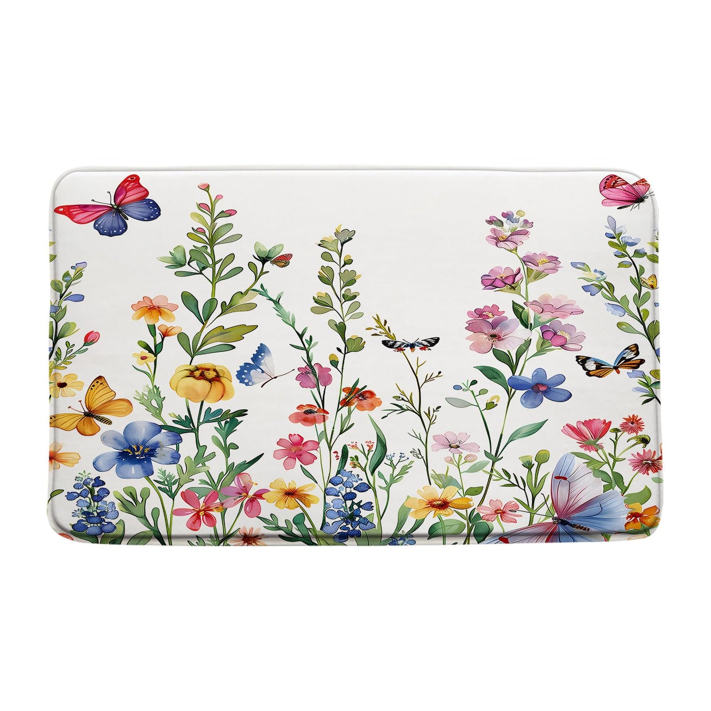 CCXTCZ Floral Plant Bath Mat Flower Butterfly Watercolor Wildflower Botanical Boho Leaves Nature Colorful Rustic Spring Bathroom Kitchen Rugs,17.8x29.5 Inch