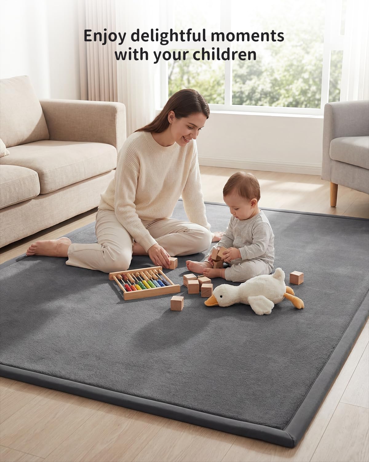 Goyuu Soft Baby Play Mat for Floor, 50x50 Playpen Mat Elasti-Foam Padded 1.3" Thick Crawling Nursery Mat, Non-Slip Backing for Toddlers Infant, Water-Repellent Coral Velvet Tummy Time Mat