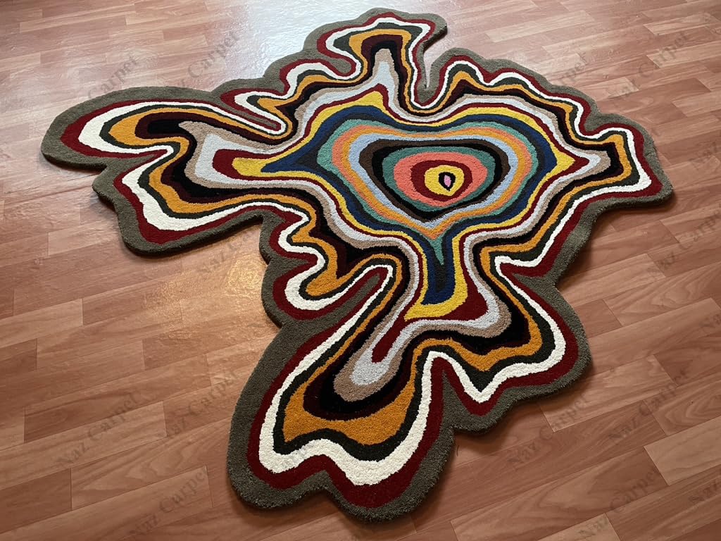 Naz Carpet Irregular Shaped Throw Rug Illusion Pattern Hand-Tufted 100% Wool Handmade Area Rug (Color Multi, 4x4 Feet)