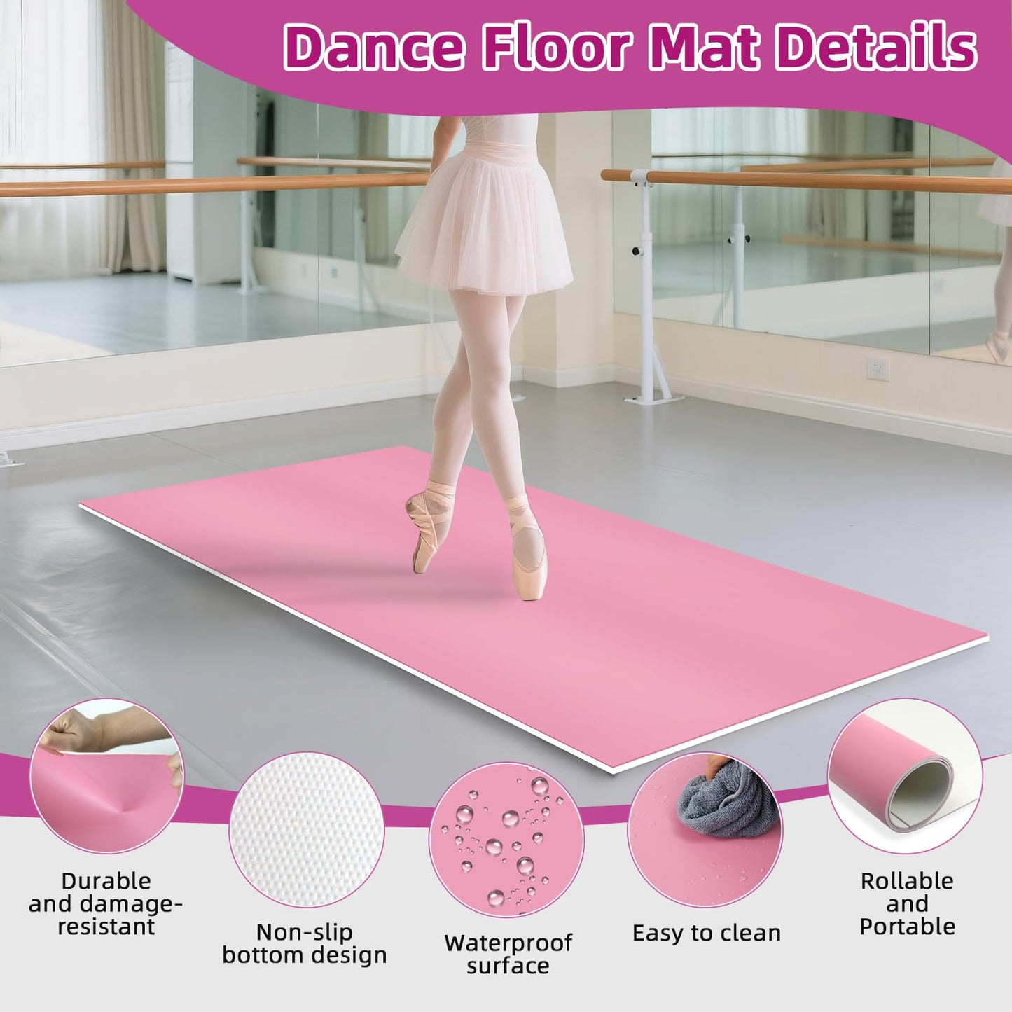 NZELSW Dance Floor Mat Non-Slip with Shoulder Strap Portable and Dance Resistance Band, Dance Floor for Ballet,Jazz, Pop Thick PVC Practice Floor Reusable Mat (Pink, 180cm*90cm*0.35cm)