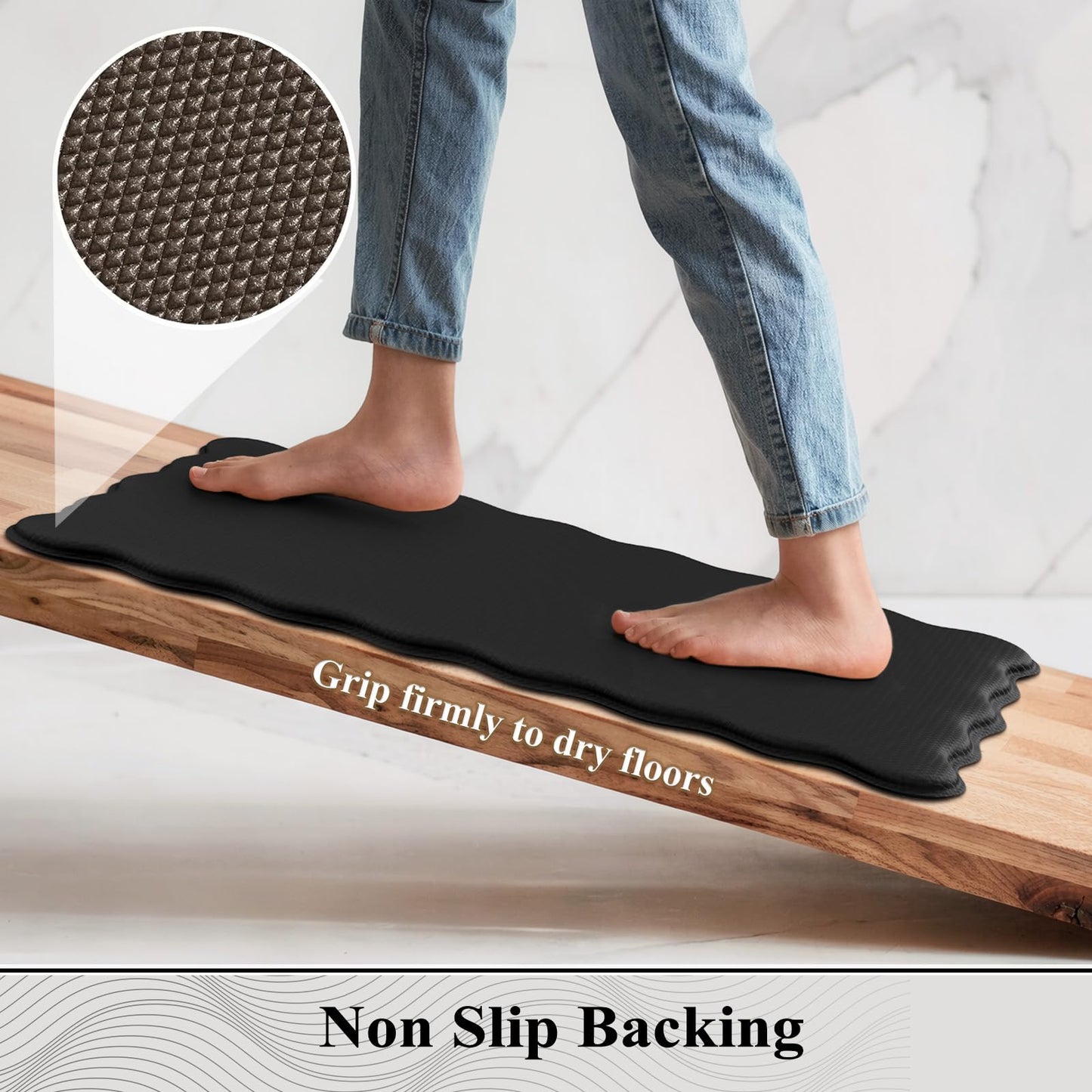 KIMODE Scalloped Kitchen Mats for Floor Cushioned Anti Fatigue,Wavy Kitchen Sink Rugs Sets of 2 Non Slip,Comfort Memory Foam Kitchen Floor Mat Carpet for Office Laundry,Black