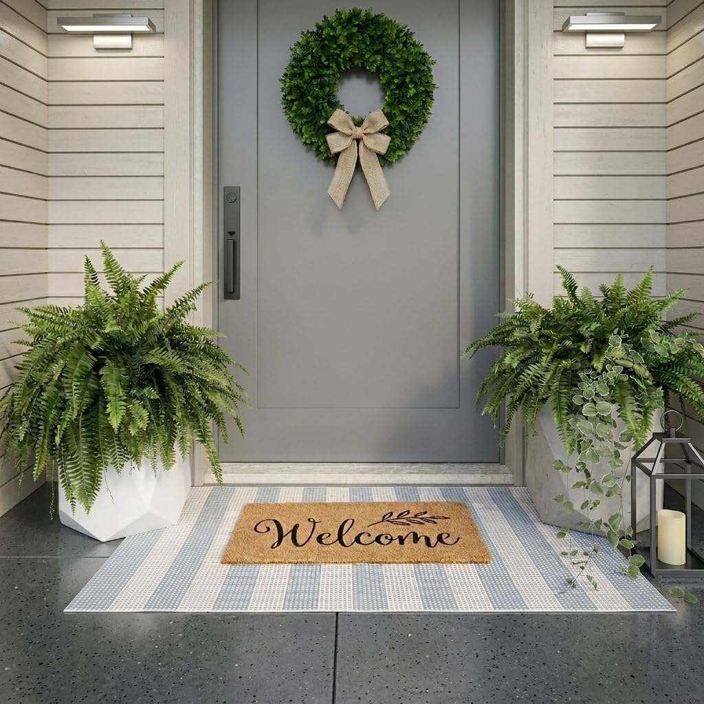 LEEVAN Outdoor Porch Rug 2x4.3, Washable Front Door Mat, Welcome Mat Outside Entrance, Blue White and Tan Striped Outdoor Entryway Rug, Farmhouse Buffalo Plaid Porch Layered Doormats Entry