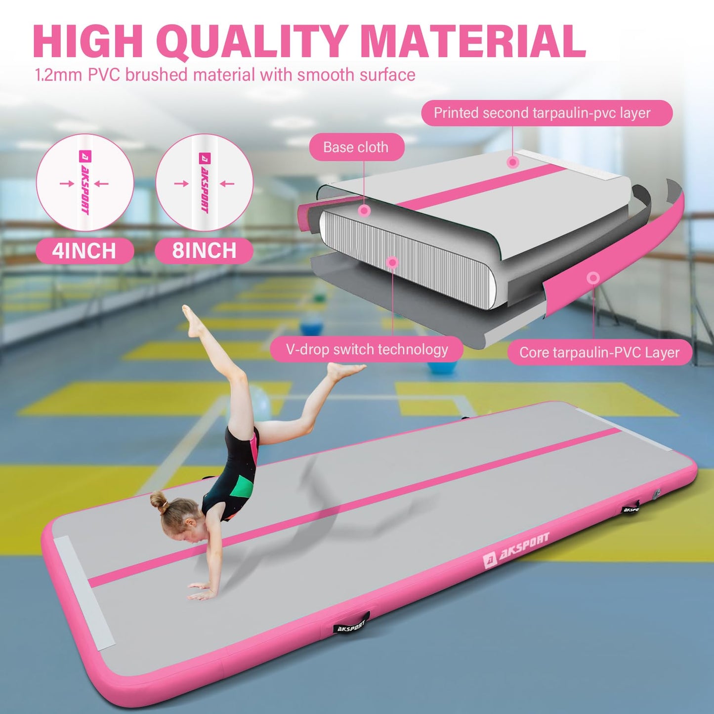 AKSPORT Air Mat Tumble Track Gymnastics Tumbling Mat Inflatable Floor Mats With Electric Air Pump for Home Use/Tumble/Gym/Training/Cheerleading/Parkour/Beach/Park/Water (pink, 9.84)