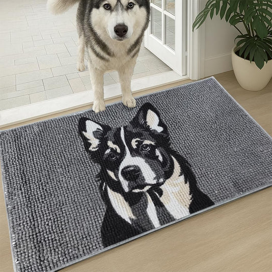 Muddy Mat® Highly Absorbent Microfiber Door Mat and Pet Rug, Non Slip Thick Washable Area and Bath Mat Soft Chenille for Kitchen Bedroom Indoor and Outdoor - Dog Face Border Collie 19"X30"