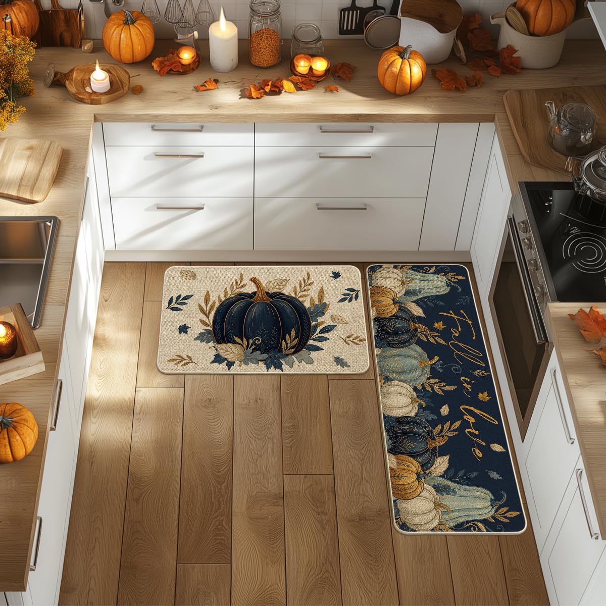 Artoid Mode Blue Pumpkin Leaves Fall Kitchen Mats Set of 2-17x29+17x47