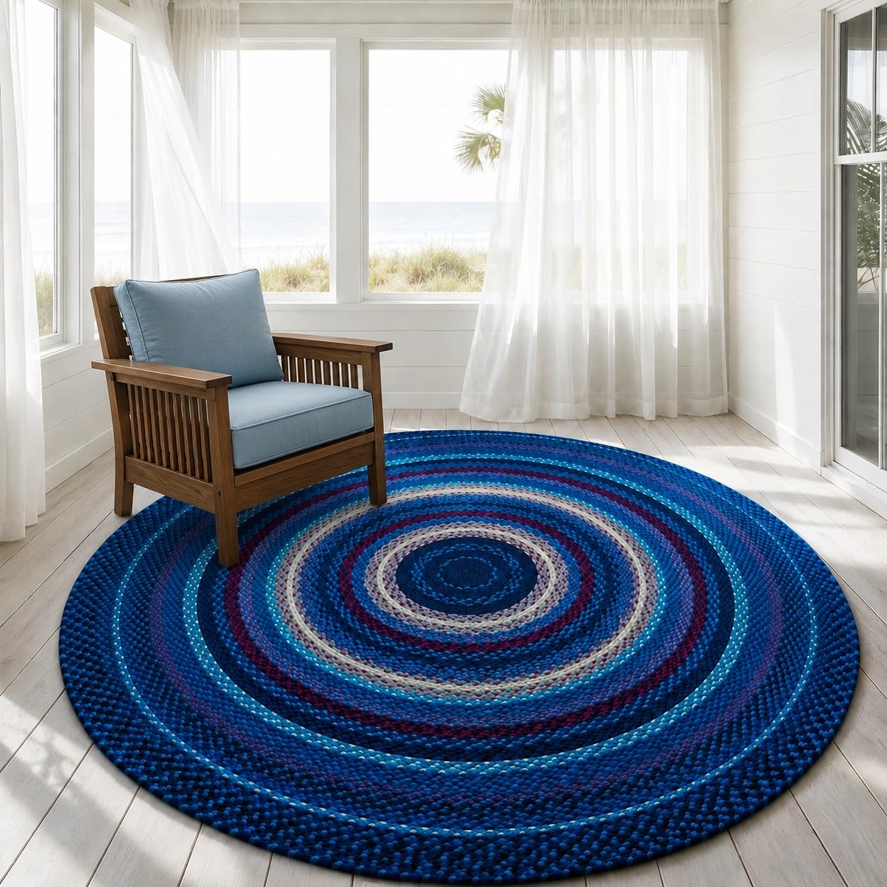 Blue Handwoven Extra Large Round Rug 9x9 Ft Braided Soft Floor Carpet for Grand Living Rooms, Couch Lounges & Open Spaces (Ready to Ship)