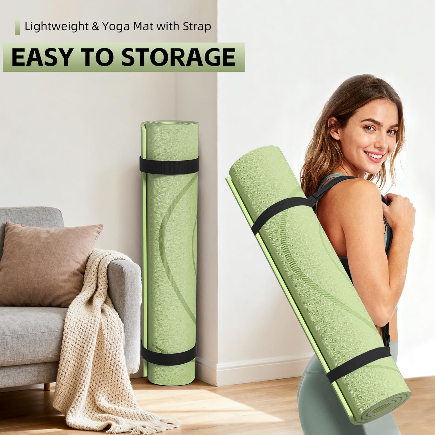 Large Yoga Mat Thick, 76"x32"x0.31"Wide POE Exercise Mat with Non-Slip Surface & Carry Strap, Anti-Tear Workout Mat for Yoga, Pilates, Fitness (Light Green)