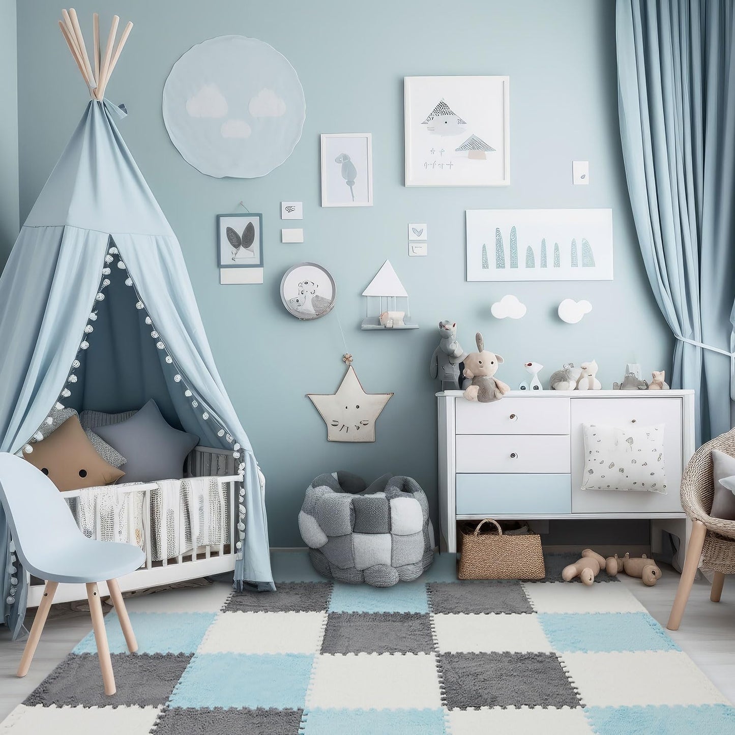 Amylove 36 Pack Plush Foam Floor Mat Square Interlocking Carpet Tiles with Border Fluffy Play Mat Floor Tiles Soft Climbing Rugs for Bedroom Playroom, 12 x 12 x 0.4 in(White, Gray, Light Blue)
