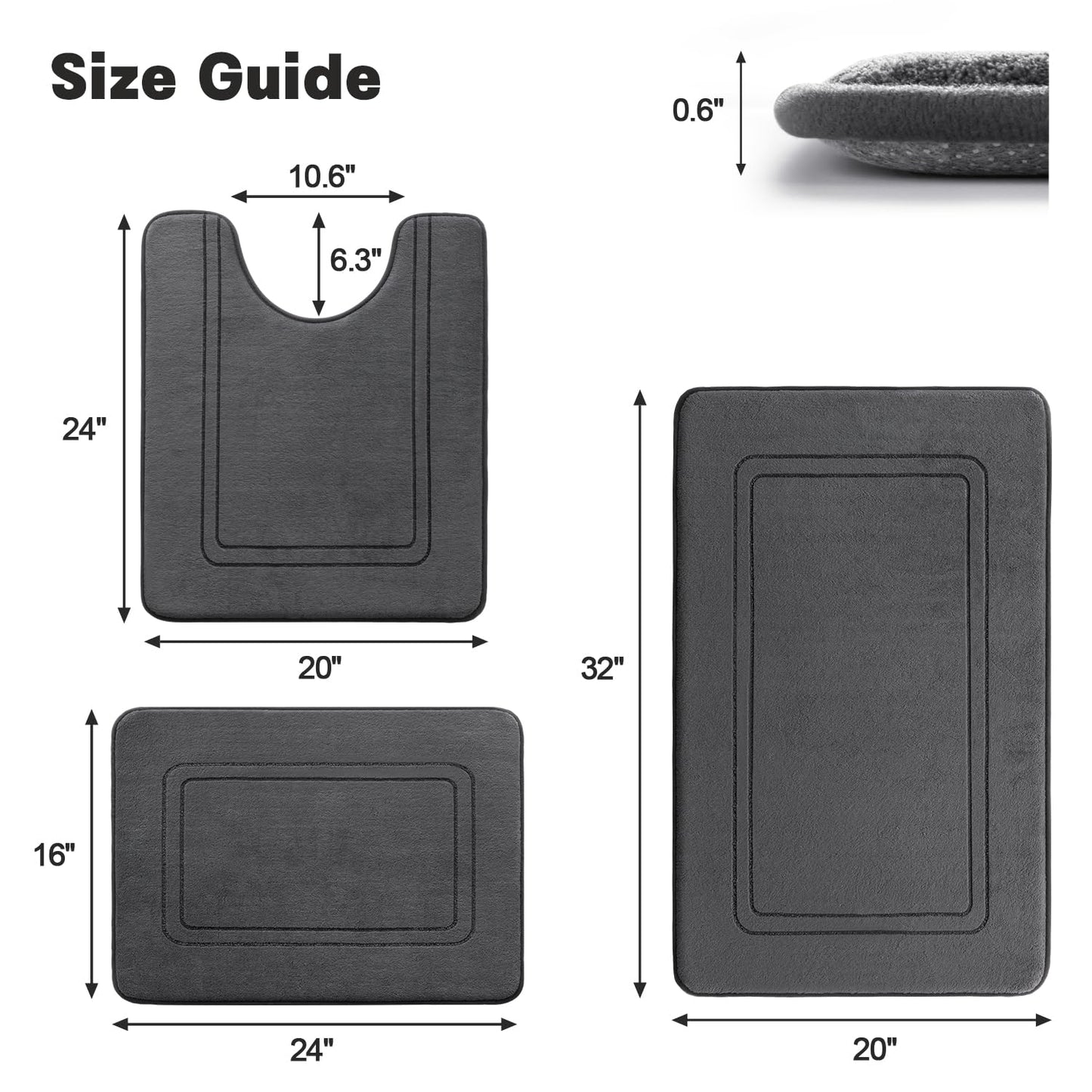 YIHOUSE Memory Foam Bath Mat Set, Non Slip Bath Mats for Bathroom, Super Soft and Water Absorbent Bath Rug Set, Machine Washable U Shape Toilet Mats, Dark Grey