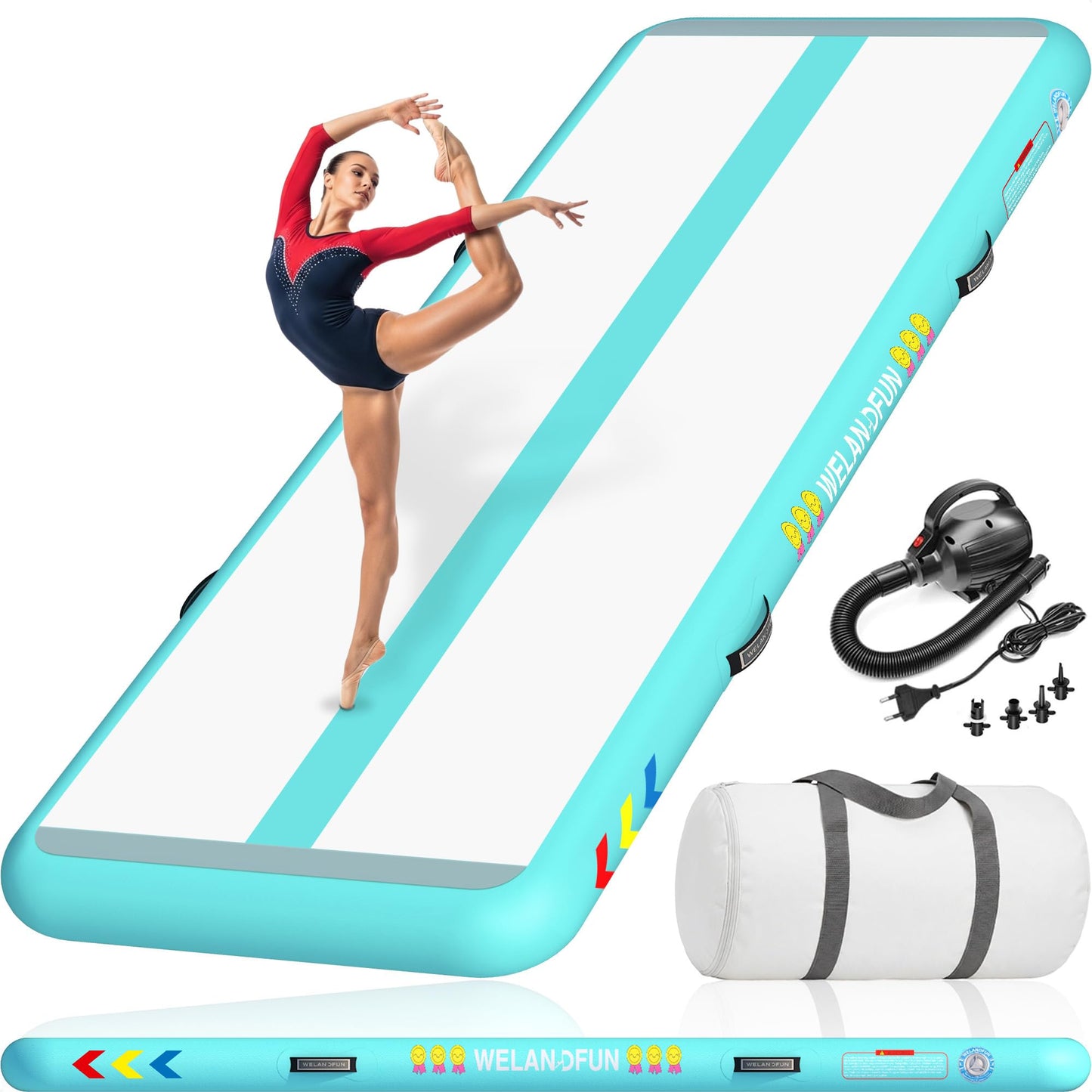 WELANDFUN Air Tumble Track Mat for Gymnastics | 4 / 6 / 8 inches Air Tumbling Mats, 6.56 / 10 / 13 / 16ft Inflatable Gymnastics Mat for Home Use, Training, Cheerleading, Water Yoga with Electric Air Pump (Mint_Green, 10ft x 3.3ft x 6inch)