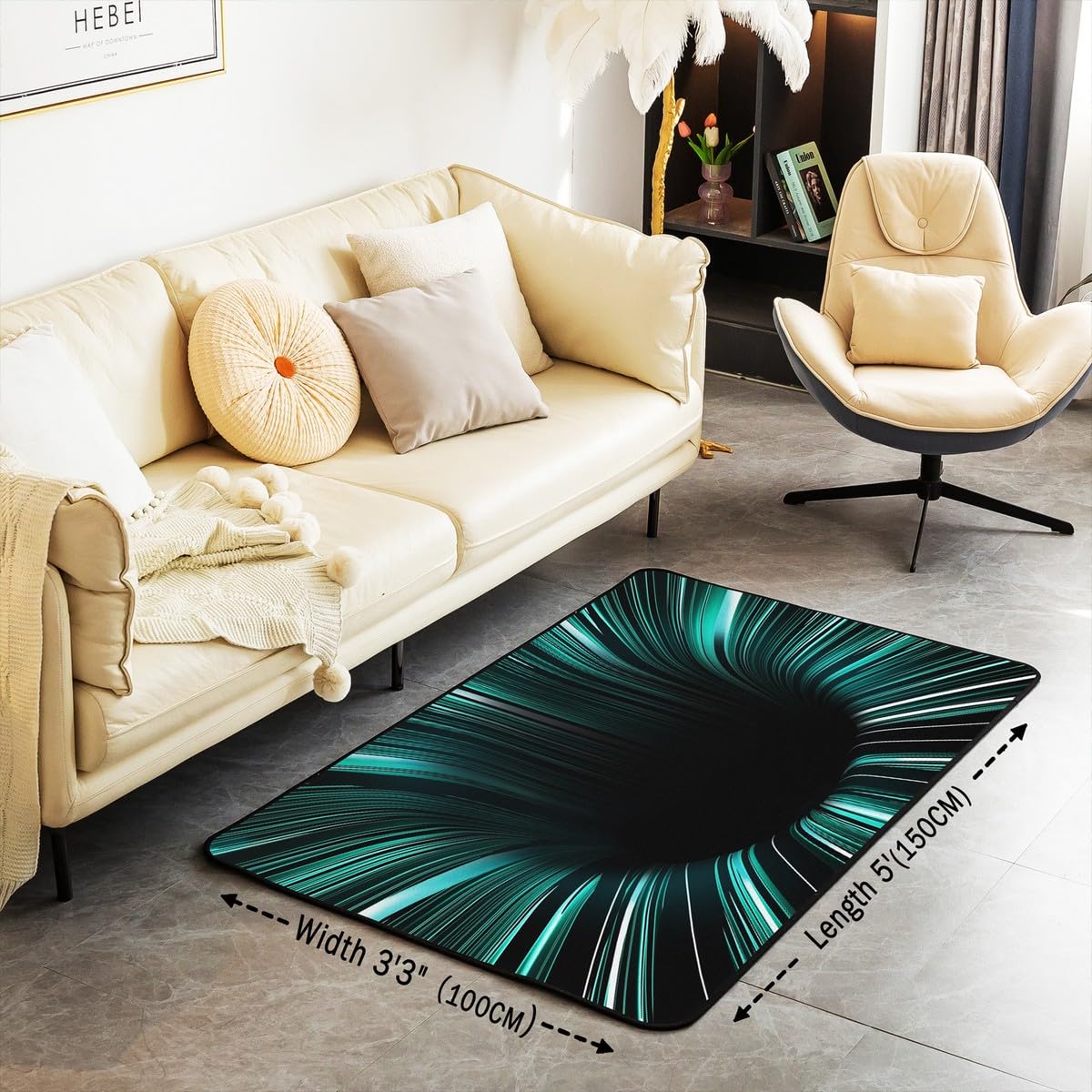 Erosebridal Stripes Area Rug 3x5, Ombre Geometric Striped Carpet for Bedroom Living Room, Abstract 3D Vortex Modern Rectangular Indoor Floor Mat, Simple Green Black Line Decorative Rug