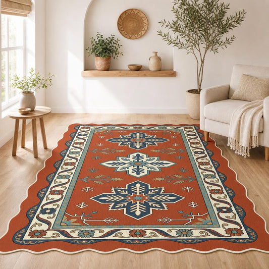 Cosovia Washable Scalloped Area Rug 5x7, Boho Aztec Geometric Low Pile Non Slip Indoor Floor Carpet Mat Southwestern Star Rugs for Living Room, Bedroom, Home Office and Dorm Decor