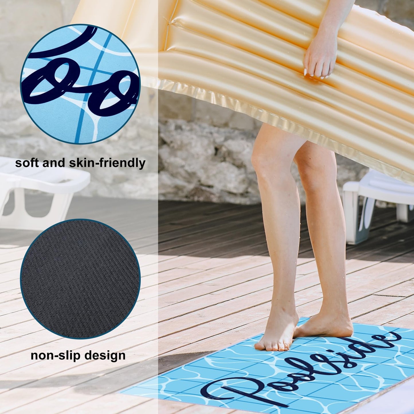 JarThenaAMCS Poolside Mat Blue Wave Pattern Pool Mat Non Slip Pool Deck Rug Waterproof Poolside Floor Pad for Indoor Outdoor Summer Beach Swimming Decorative
