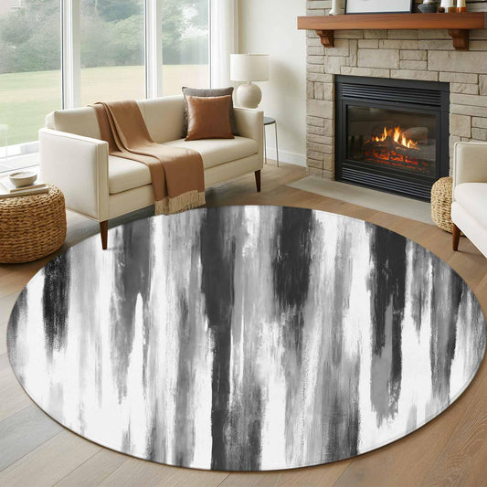 Black Gray White Round Rug 5ft Washable Circle Kitchen Rugs Non Slip Vintage Rustic Abstract Ombre Aesthetic Large Area Rug Indoor Floor Carpet for Bedroom Living Room Home Office Dining Room Nursery