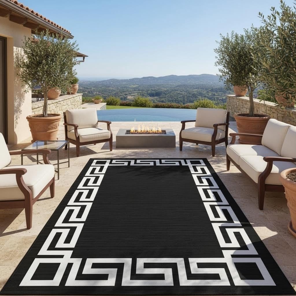 Black White Greek Key Border Outdoor Rug for Patio Deck Balcony Camping Garden Porch Large Waterproof Outside Carpet Meander Frame Decorative Area Rug Kitchen Camping Rv Picnic Easy Clean Mats 3x5