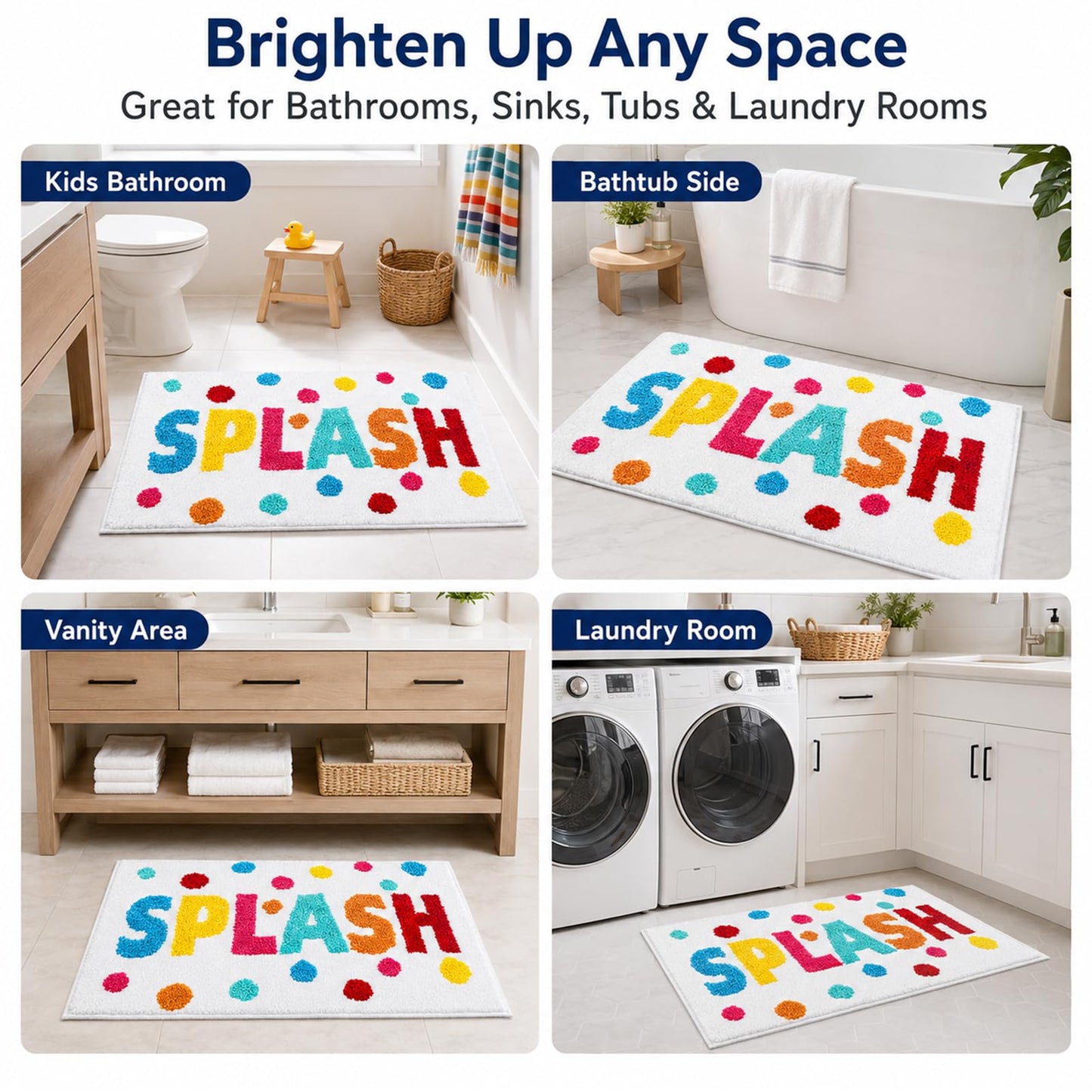 HAIWAOO Splash Bathroom Rug 17x24, Soft Colorful Letter Bath Mat, Absorbent Microfiber Bath Rug with Non Slip Backing, Machine Washable Rug for Kids and Family Bathroom, Tub, Shower, Sink