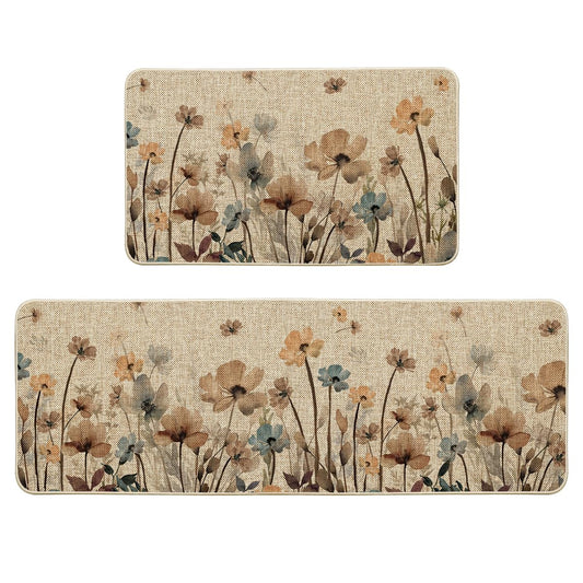 Artoid Mode Brown Poppy Floral Leaves Spring Kitchen Mats Set of 2, Spring Home Decor Low-Profile Kitchen Rugs for Floor - 17x29 and 17x47 Inch