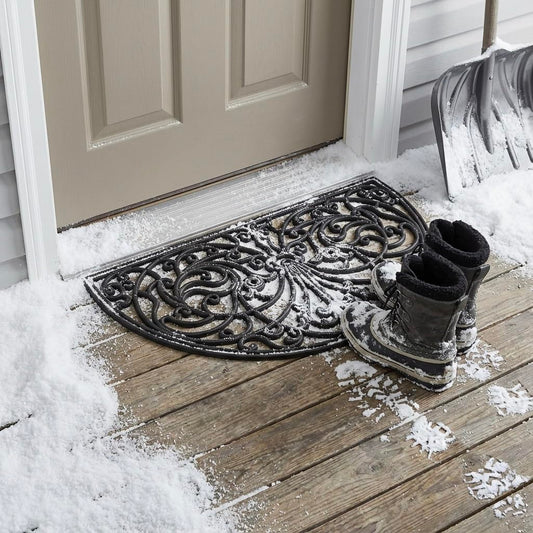 Kempf Rubber Scroll Doormat Half Moon Mat, Indoor Outdoor Entrance Mat, Low Clearance, Functional and Easy to Clean, Wrought Iron Scroll Design