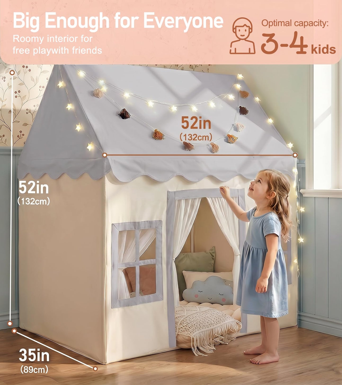 Large Kids Tent with Mat, Star Lights, Tissue Garland, Play Tents for Indoor & Outdoor Use, Kids Play Tent for Girl & Boy Aged 3+, 52" x 35" x 52" Playhouse with Windows, Washable, Grey