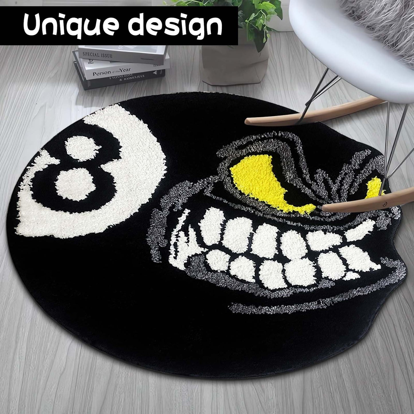Angry 8 Ball Rug, 24" Cool Rugs for Bedroom Men, Black Round Area Rug for Man Cave, High-Pile Flocking Soft Aesthetic Carpet for Living Room Decor, Hypebeast Room Decor