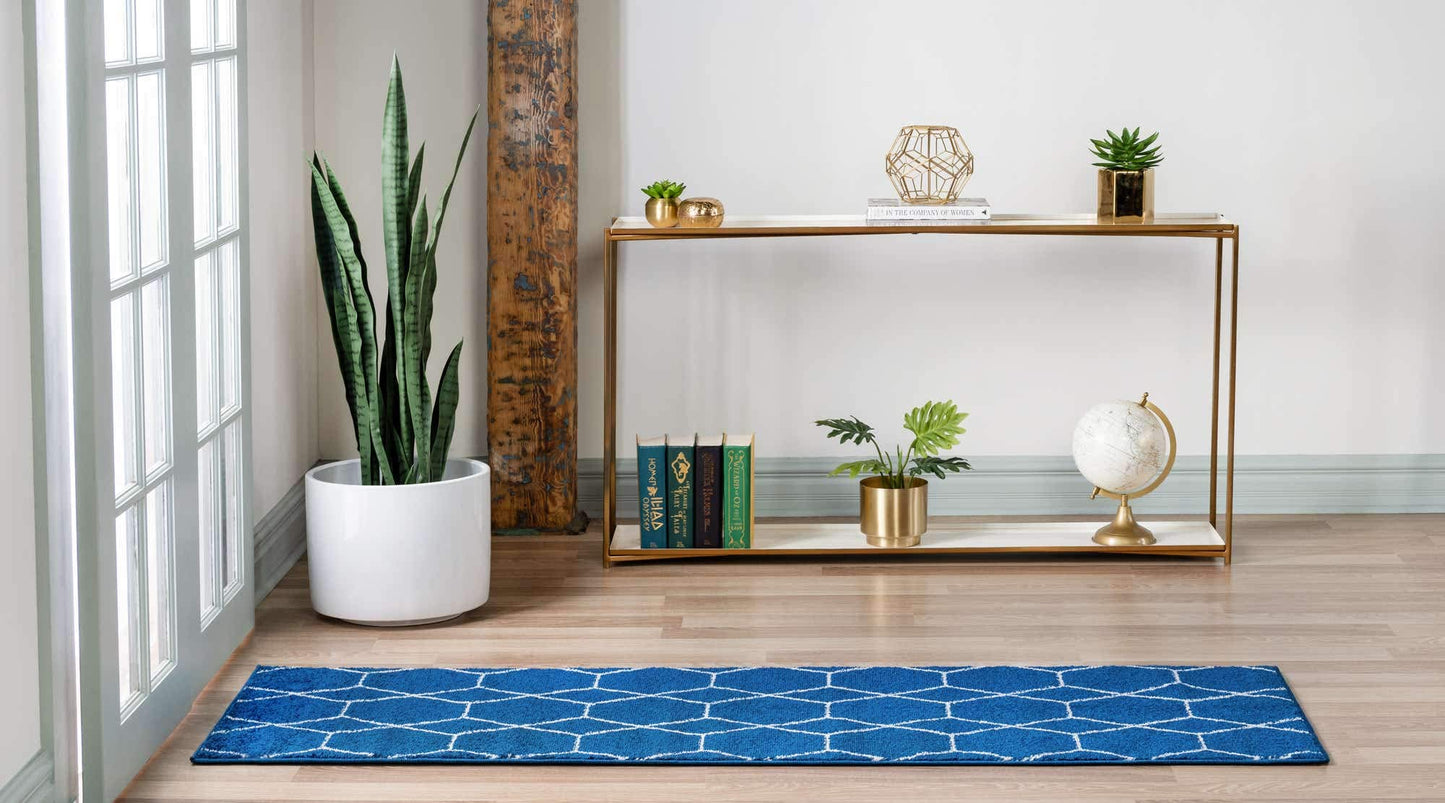 Unique Loom Trellis Frieze Collection Area Rug - Geometric (2' x 13' 1" Runner Navy Blue/Ivory)