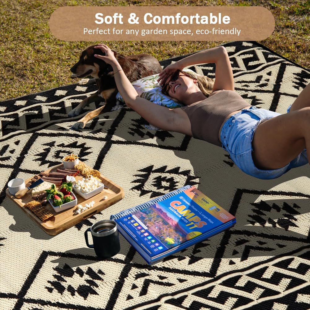 LILIOFFIC Outdoor Rug - Outdoor Rugs 9x12 for Patios Clearance, Large Outdoor Area Rug Carpet for Outside, RV, Deck, Picnic, Beach, Camping, with 4 Stakes, Black & Beige