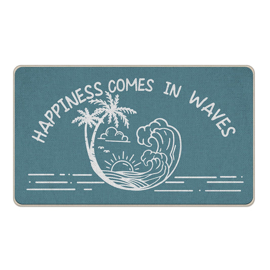 Livcoz Blue Beach Happiness Comes in Waves Welcome Front Door Mat, Blue Coastal Decorative Doormat Non-Slip Floor Entryway Rug, Nautical Low Profile Indoor Outdoor Home Kitchen Decoration 17x29 Inches