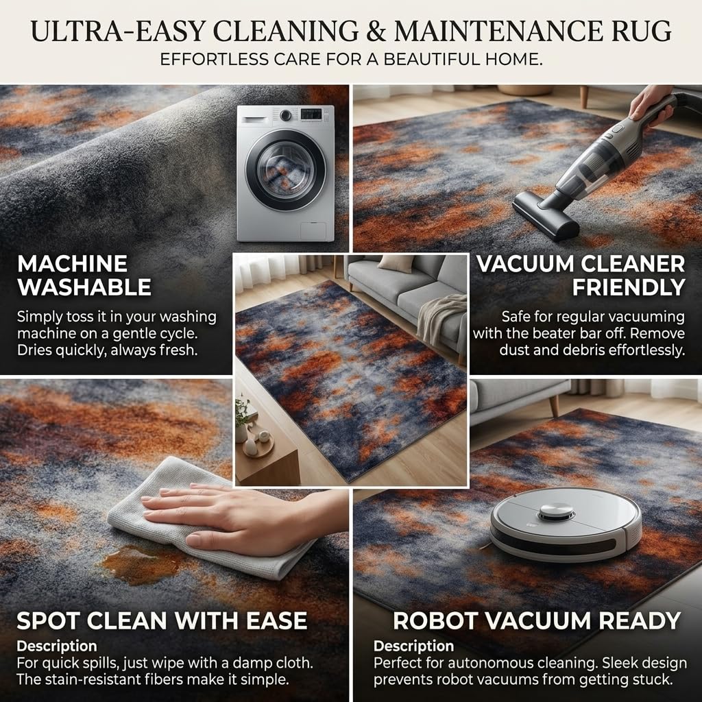 ERYATOU 5x7 Area Rug, Modern Abstract Smoke Cloud Area Rug in Orange and Gray, Washable Non-Slip Low Pile Soft Friendly Carpet for Living Room, Bedroom, Study Room
