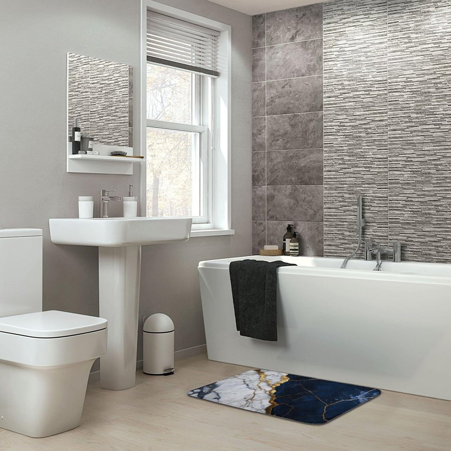 Marble Bath Rug 15.7" x23.6, Modern Foil Texture White Navy Blue Gold Marble Ultra Absorbent & Non-Slip Bath Carpet, Machine Washable, Soft Microfiber Bath Mats for Bathtub Laundry, Bathroom Floor