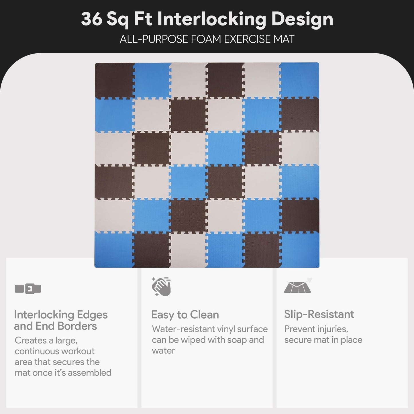 BalanceFrom 36-Pack 12x12 Inches EVA Interlocking Foam Play Tile Mat, Blue/Brown/Beige – 0.4-Inch Thick Non-Slip Puzzle Flooring for 36 Square Feet in Playroom, Nursery, or Playpen at Home