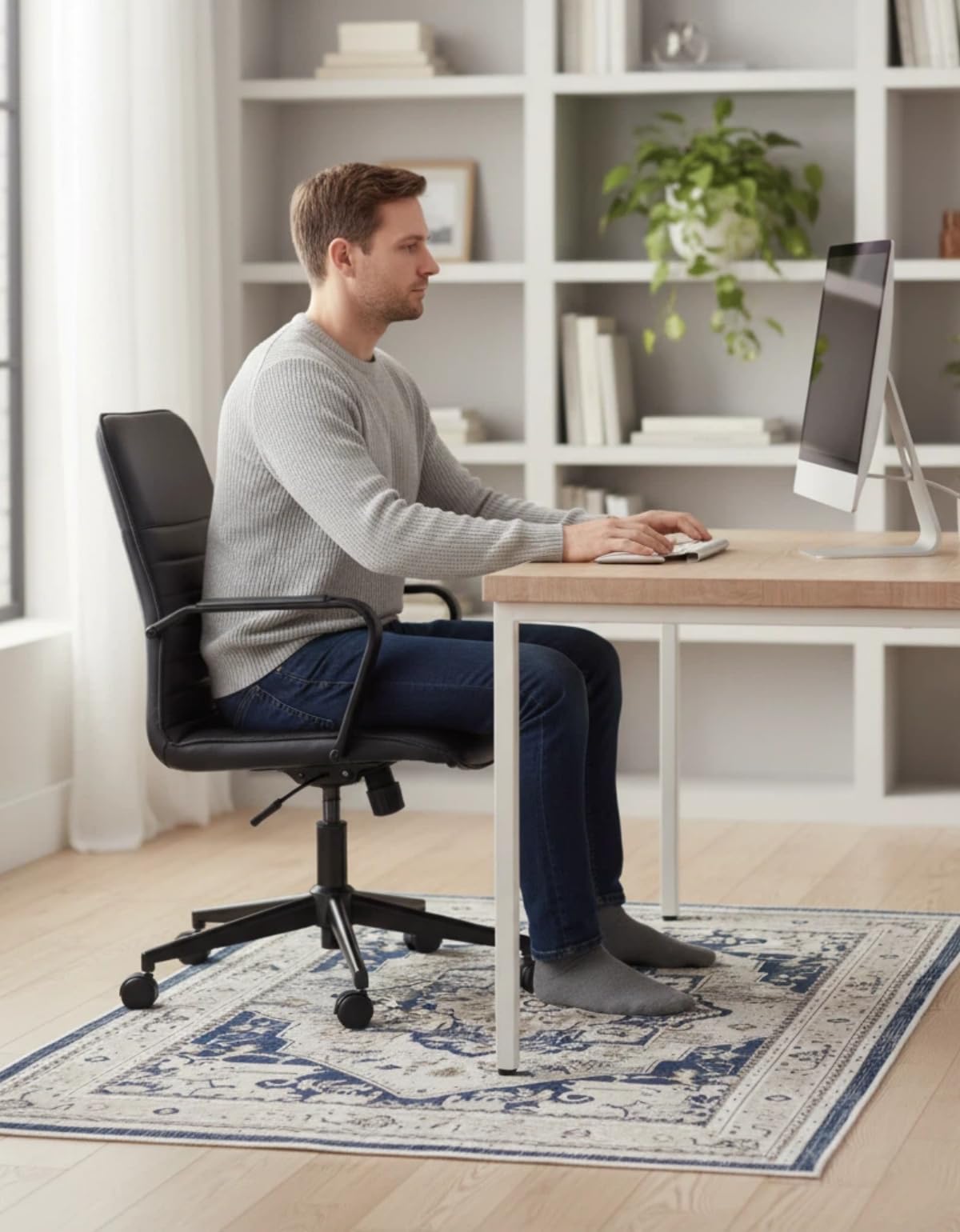 Office Chair Mat for Hard Floor - 48'' x 60'' Chair Mat for Hardwood and Tile Floors, Non-Slip Hard Floor Protection Mats for Rolling Chair Under Desk, Machine Wash (Beige & Blue)