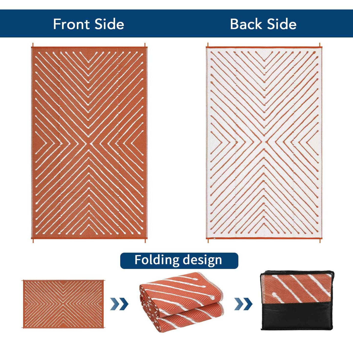 Garvee 5x8 Striped Outdoor Waterproof Rug - Reversible Modern Striped Plastic Straw Patio Mat, Portable RV Camping Rug for Picnic, Beach, Balcony, Deck - UV Protected & Easy to Clean, Orange&White.