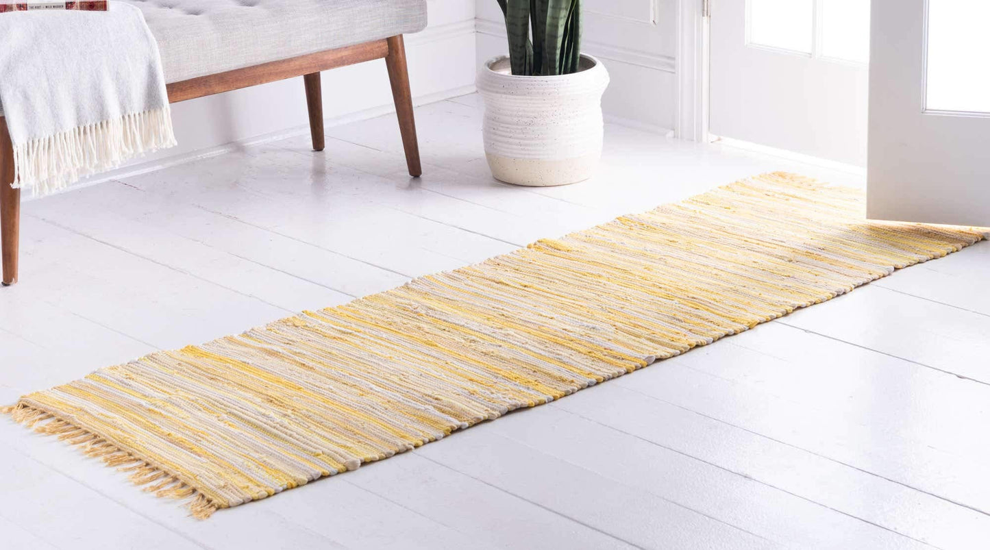 Unique Loom Chindi Cotton Collection Soft Hand Woven Natural Fiber Striped Area Rug, 2 ft 2 in x 6 ft 7 in, Yellow/Ivory