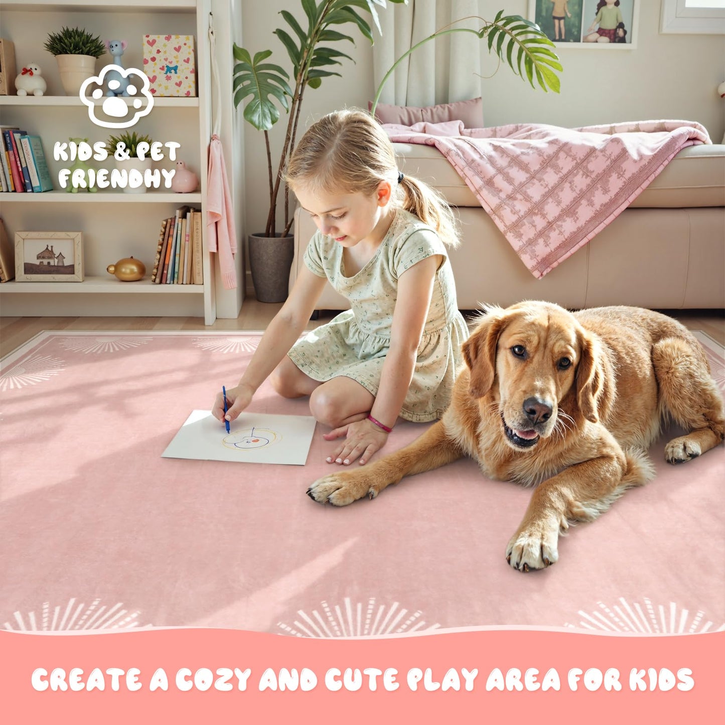 Hedlive Modern 5x7 Pink Area Rugs for Bedroom Girls, Ultra Thin Washable Nursery Rug for Kids Room, Soft Sun Print Toddler Room Rug,Boho Non Shedding Baby Carpets for Classroom Dorm Girls Decor