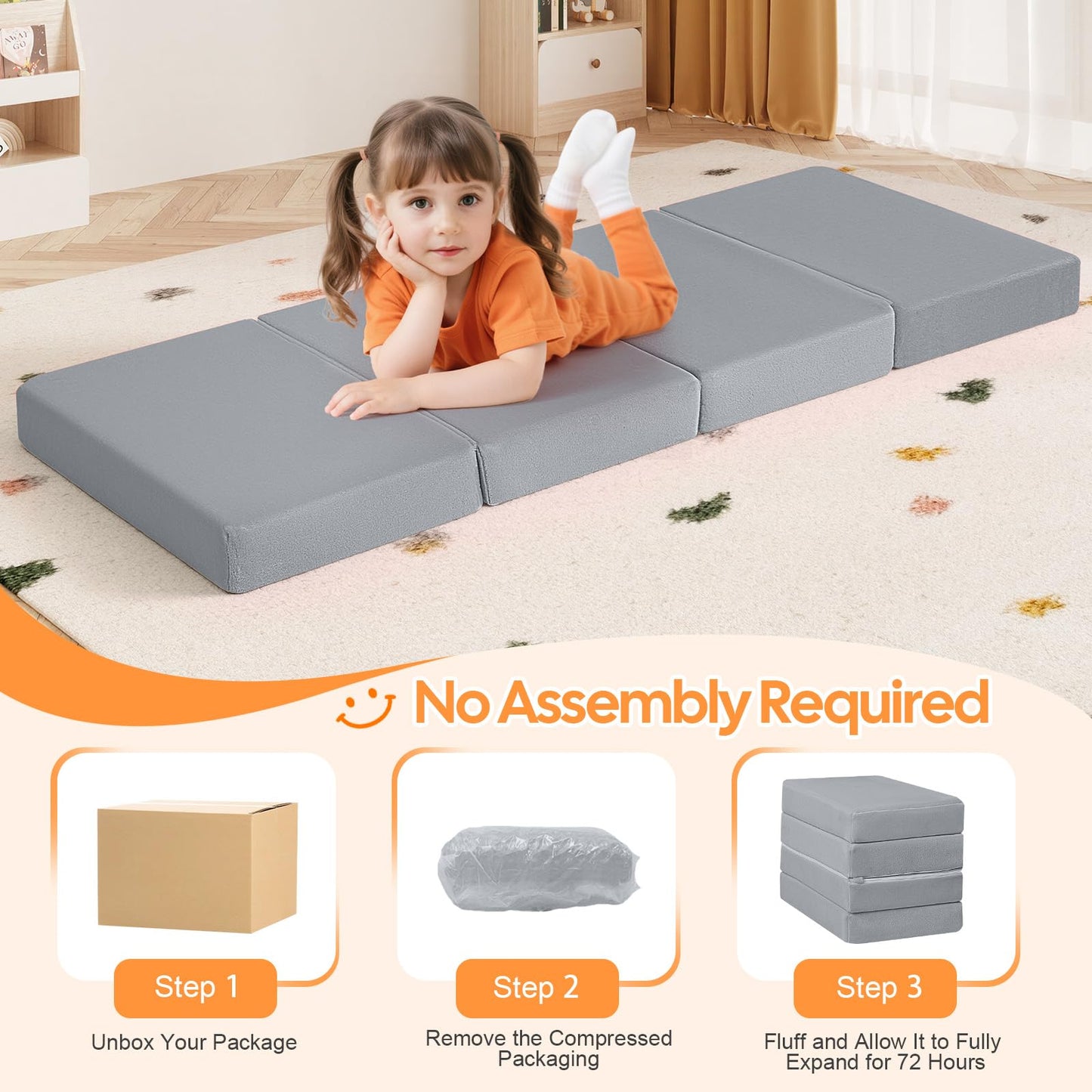 MeMoreCool Kids Folding Mattress, Trifold Mat Foldable Floor Mattress with Washable Cover and Carry Bag, Portable Foam Floor Mat for Kids, Daycare, Sleepover, Camping and Travel, Light Grey