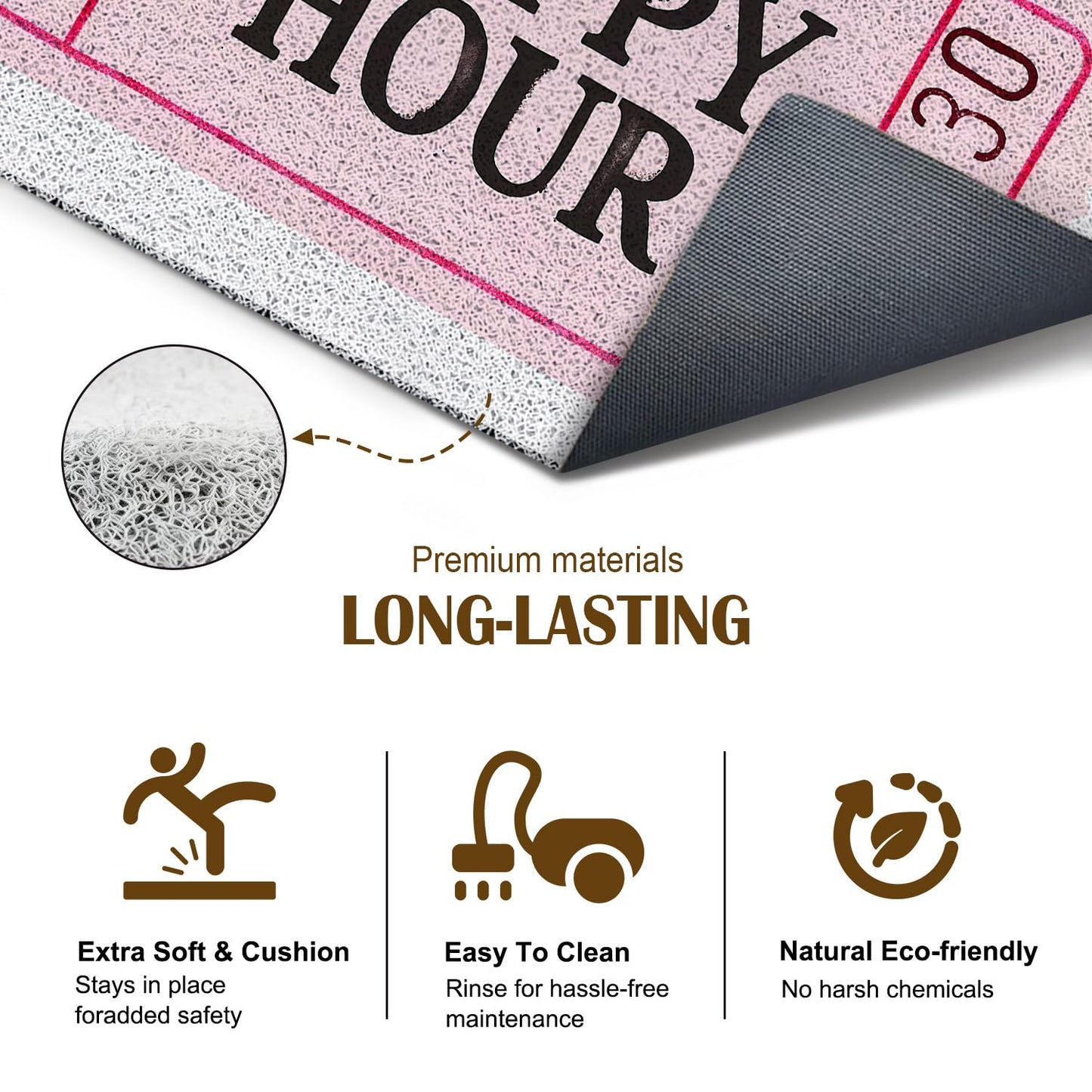 KBRCT Trendy Retro Pink Bar Door Mat Outdoor Indoor Entrance Entryway, Pink Happy Hour Ticket Doormat Home Bar Kitchen Lounge Club Patio Pub, Girly Welcome Mats for Front Door, 17x30 Inch