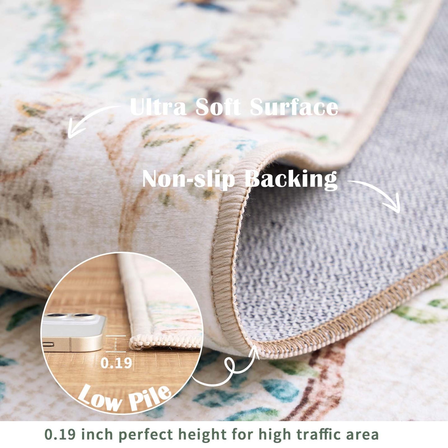 jinchan Yarden Round Rug 8ft, Vintage Distressed Botanical Birds Print Rug, Machine Washable Ultra Thin Low Pile Non Slip Area Rug, Ivory Circle Rug for Living Room Bedroom