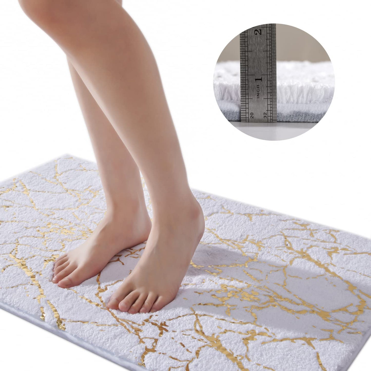 QJHOMO Marble Bathroom Rug White and Gold Decor Bathroom Rugs Non Slip Bath Mat Super Absorbent Microfiber Plush Bathmat Machine Washable Floor Carpet for Tub, Shower, Bedroom 16"x24"