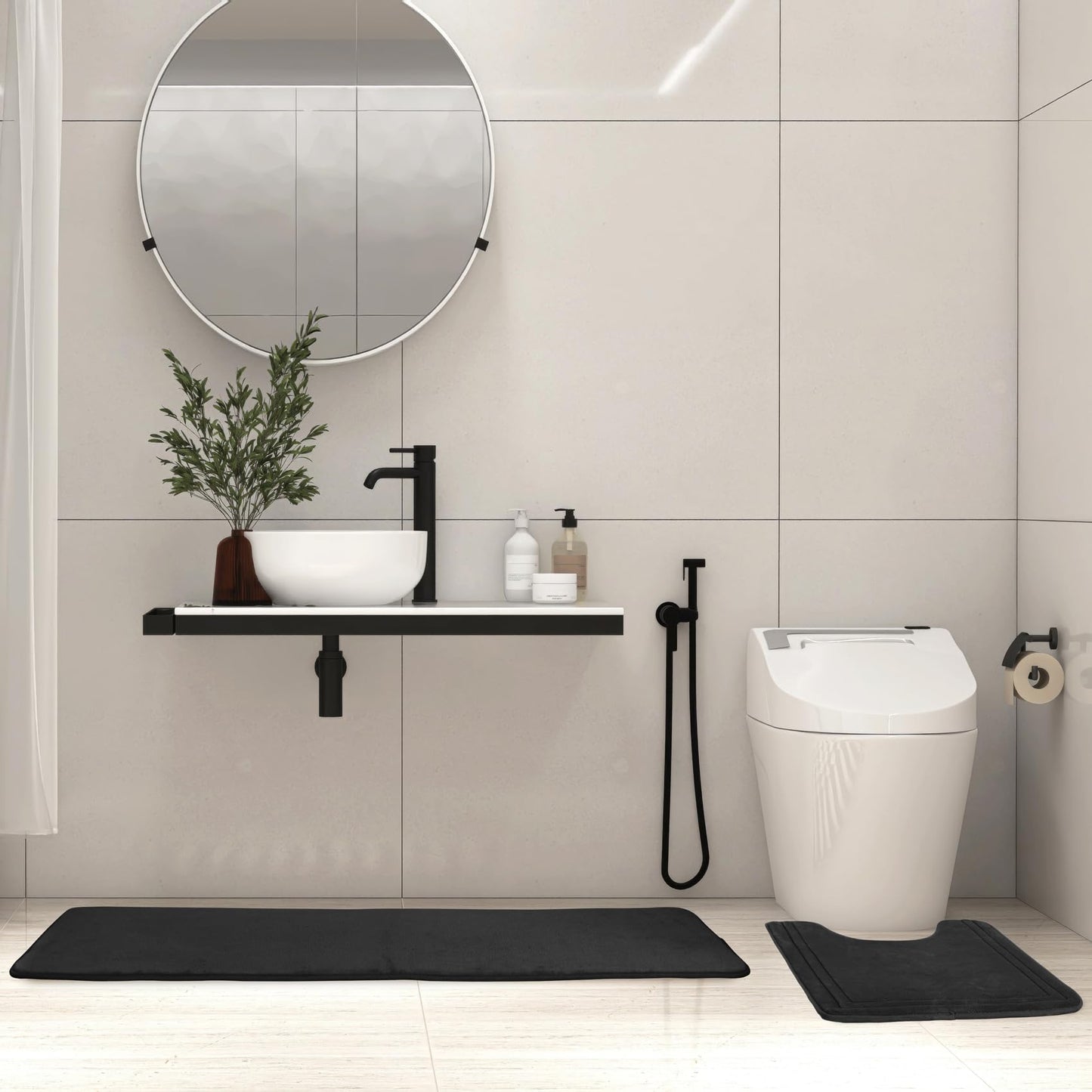 PAGGED Black Bath Mat Runner Long Narrow Bathroom Rug Memory Foam Microfiber Bathroom Carpet Non Slip Soft Absorbent Washable Bathrug,16" x 47"