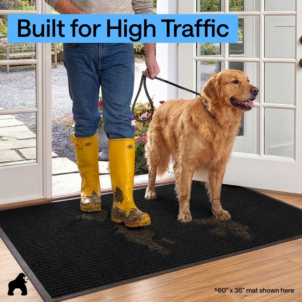 GORILLA GRIP Waterproof Traffic Guard Door Mat, 35x23, Heavy Duty Entryway Mats, Strong Backing Commercial Utility Rugs for Office Hallway, Garage Floor and Home, Low Profile Carpet Runner, Black