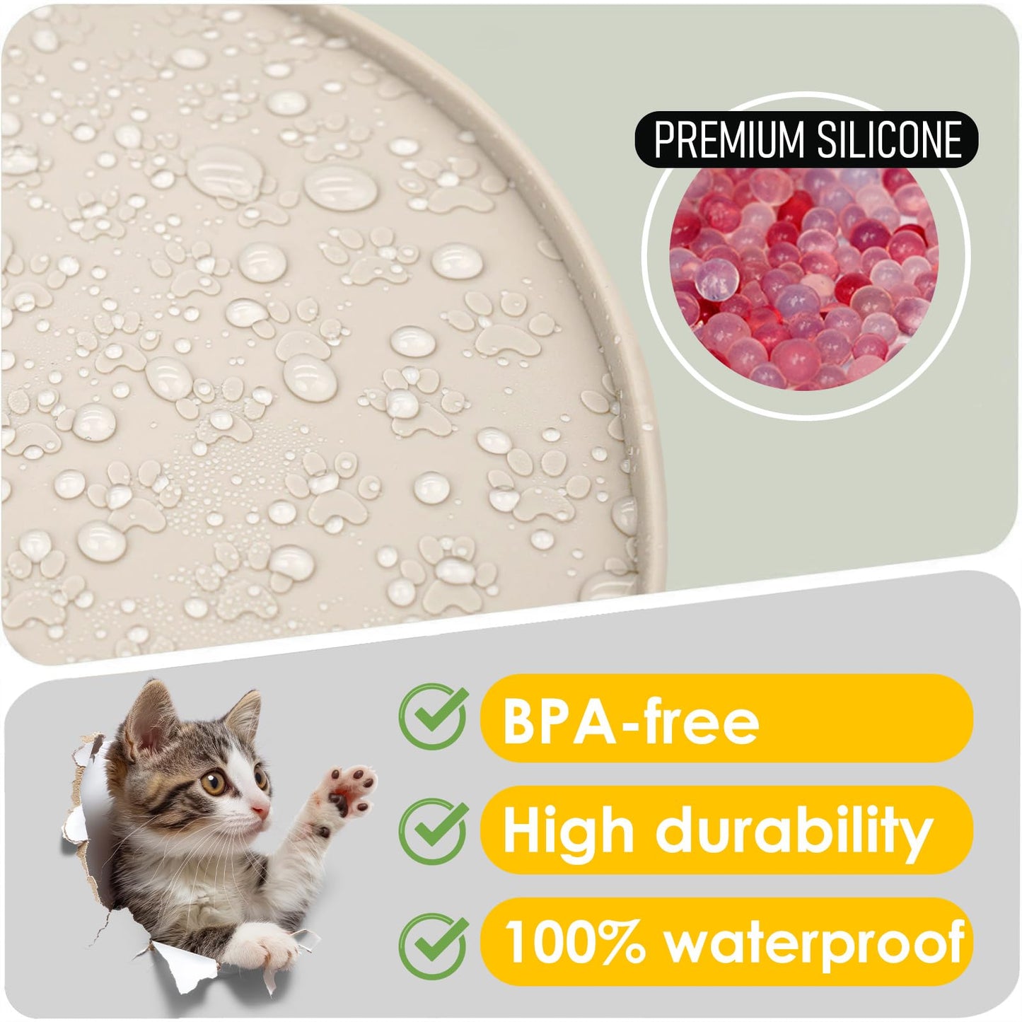 AVYDIIF Pet Feeding Mats for Food and Water, Waterproof Anti-Slip Placemats for Dog Cat Bowl, 1 Pack Silicone Pet Food Mat, Dishwasher Safe 10.9 × 10.9 (1 Beige, Small Paws)