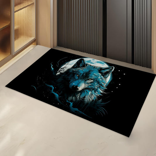 Turamurra Blue Wolf Moon Indoor Door Mat Gifts, Floor Area Rug for Entryway, Living Room or Bathroom, Non-Slip Mystical Full Moon Forest Animal Doormat Home Decor Rug 17x29.5 Inch