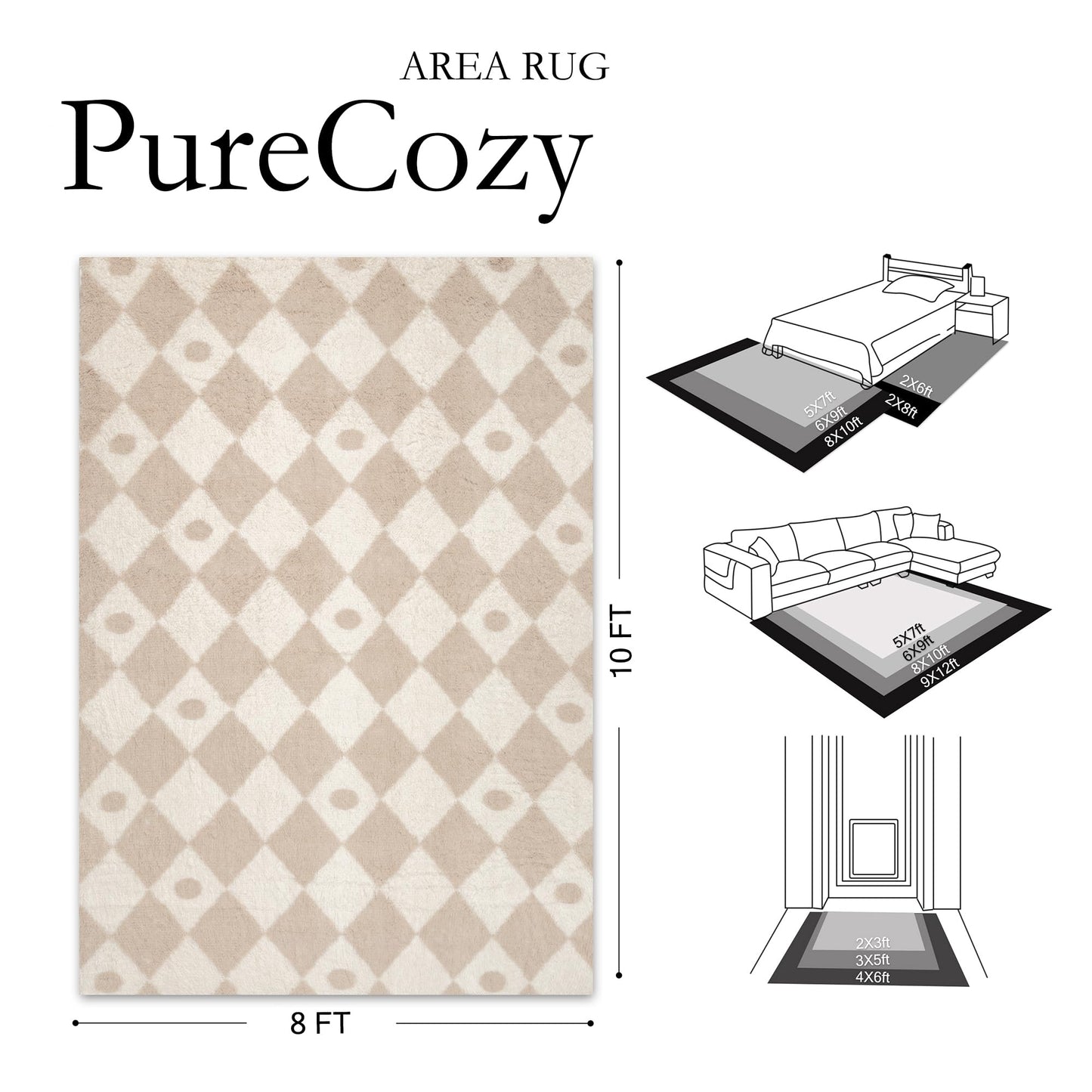 PureCozy Checkered Rug 8x10 Fluffy Shag Living Room Beige Area Rug Modern Washable Carpet Soft Shaggy Non Slip Indoor Plush Fuzzy Rugs for Bedroom Dorm Office Home Aesthetic Decor