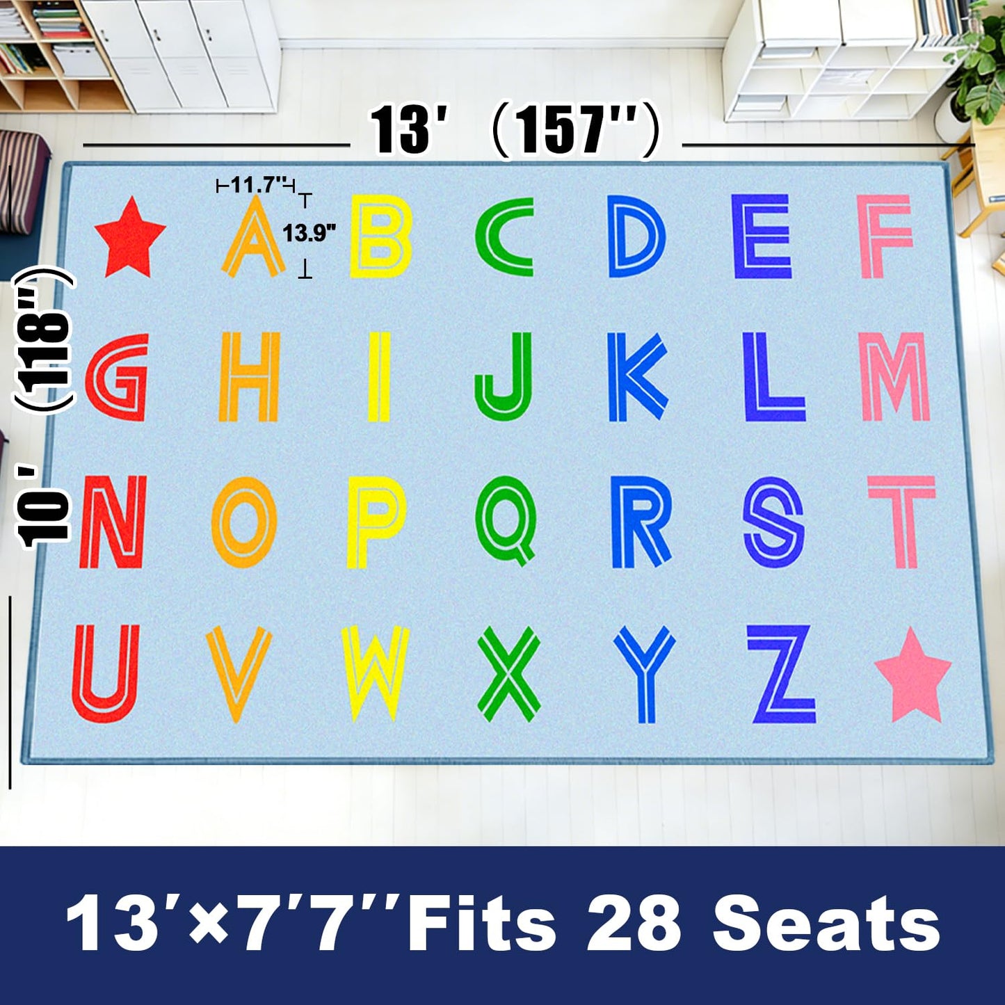 MAISONRINA Large Classroom Rug Elementary 13'x7'7'', Light Blue Alphabet Rug for Preschool Daycare Playroom, Circle Time Carpet Kids Educational Rugs for Library Kindergarten, Seats 28