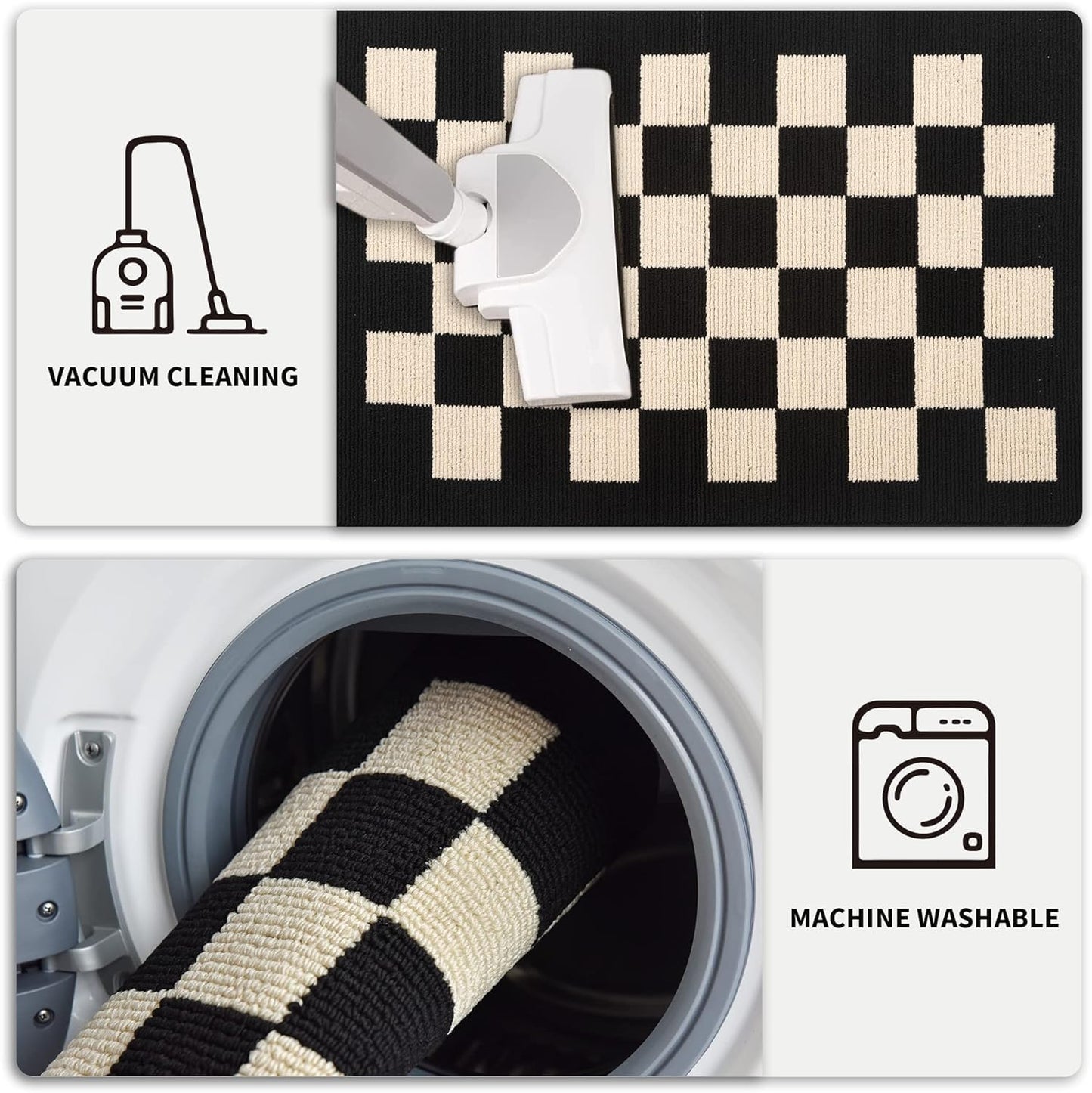 GIB Kitchen Mats for Floor Set of 2, Kitchen Rugs Non Slip/Skid Washable Runner Rugs, Stain Resistant Comfort Standing Mats for Kitchen Laundry Sink Decor, Black Cream Checkered