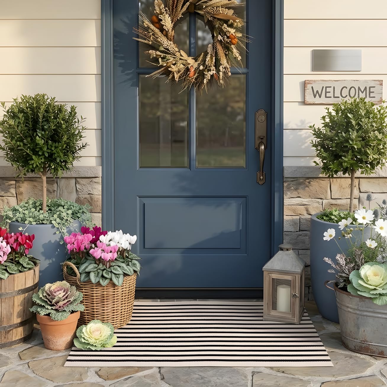 LEEVAN Black and White Striped Rug Doormat 2x3 Washable Front Porch Rug Farmhouse Layered Door Mats Outdoor Cotton Hand Woven Throw Carpet for Entryway/Front Steps/Bathroom/Home Entrance